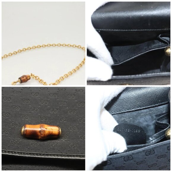 GUCCI Micro GG Canvas Bamboo Shoulder Bag PVC Black Gold Auth sw753 - Picture 15 of 15